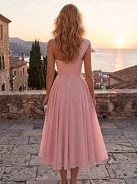 Chiffon A-Line/Princess One Shoulder Tea-Length Cocktail Dresses with 3D Flowers & Pleats