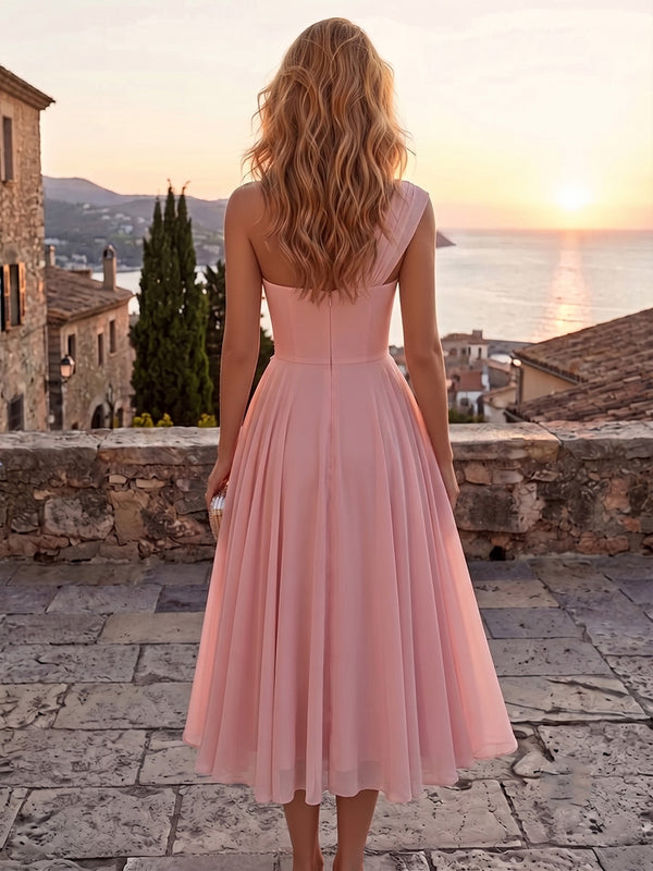 Chiffon A-Line/Princess One Shoulder Tea-Length Cocktail Dresses with 3D Flowers & Pleats