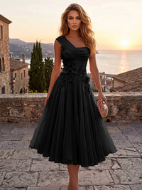 Chiffon A-Line/Princess One Shoulder Tea-Length Cocktail Dresses with 3D Flowers & Pleats