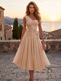 Chiffon A-Line/Princess One Shoulder Tea-Length Cocktail Dresses with 3D Flowers & Pleats