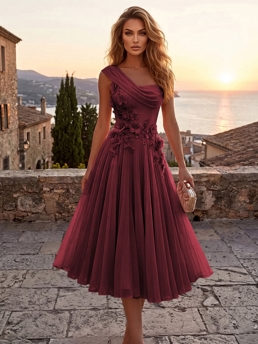 Chiffon A-Line/Princess One Shoulder Tea-Length Cocktail Dresses with 3D Flowers & Pleats