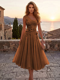 Chiffon A-Line/Princess One Shoulder Tea-Length Cocktail Dresses with 3D Flowers & Pleats