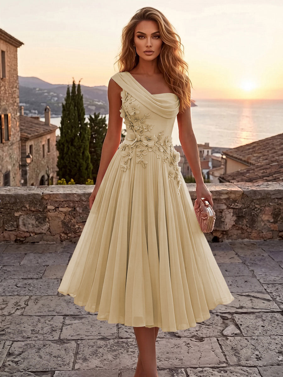 Chiffon A-Line/Princess One Shoulder Tea-Length Cocktail Dresses with 3D Flowers & Pleats