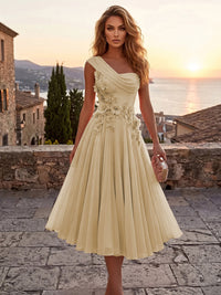 Chiffon A-Line/Princess One Shoulder Tea-Length Cocktail Dresses with 3D Flowers & Pleats