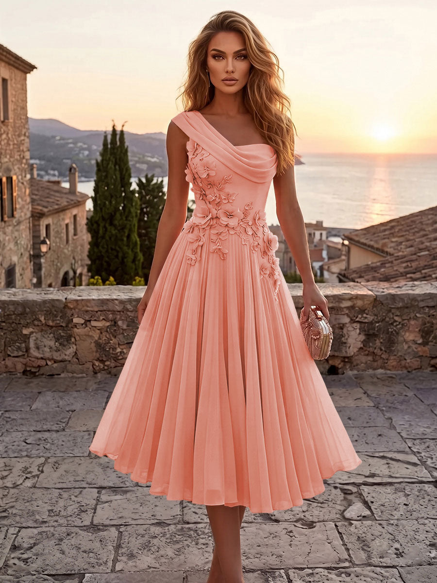 Chiffon A-Line/Princess One Shoulder Tea-Length Cocktail Dresses with 3D Flowers & Pleats