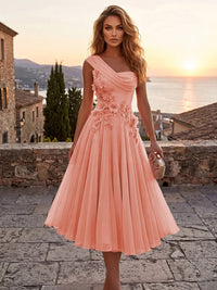 Chiffon A-Line/Princess One Shoulder Tea-Length Cocktail Dresses with 3D Flowers & Pleats