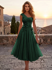 Chiffon A-Line/Princess One Shoulder Tea-Length Cocktail Dresses with 3D Flowers & Pleats