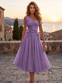 Chiffon A-Line/Princess One Shoulder Tea-Length Cocktail Dresses with 3D Flowers & Pleats