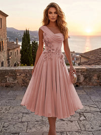 Chiffon A-Line/Princess One Shoulder Tea-Length Cocktail Dresses with 3D Flowers & Pleats