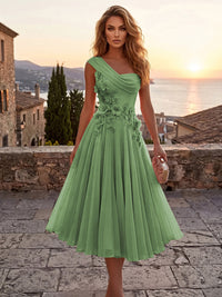 Chiffon A-Line/Princess One Shoulder Tea-Length Cocktail Dresses with 3D Flowers & Pleats