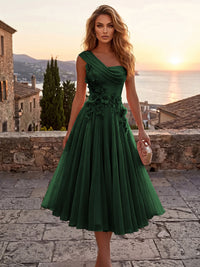 Chiffon A-Line/Princess One Shoulder Tea-Length Cocktail Dresses with 3D Flowers & Pleats