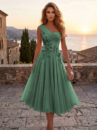 Chiffon A-Line/Princess One Shoulder Tea-Length Cocktail Dresses with 3D Flowers & Pleats