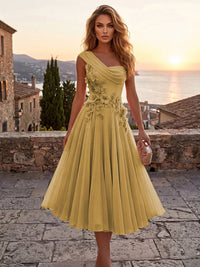 Chiffon A-Line/Princess One Shoulder Tea-Length Cocktail Dresses with 3D Flowers & Pleats