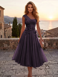 Chiffon A-Line/Princess One Shoulder Tea-Length Cocktail Dresses with 3D Flowers & Pleats