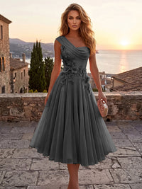 Chiffon A-Line/Princess One Shoulder Tea-Length Cocktail Dresses with 3D Flowers & Pleats