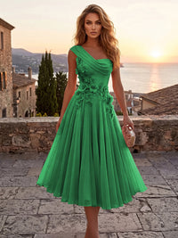 Chiffon A-Line/Princess One Shoulder Tea-Length Cocktail Dresses with 3D Flowers & Pleats