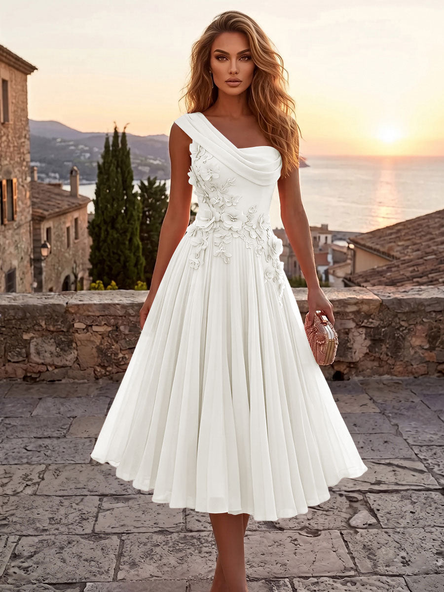 Chiffon A-Line/Princess One Shoulder Tea-Length Cocktail Dresses with 3D Flowers & Pleats