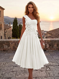 Chiffon A-Line/Princess One Shoulder Tea-Length Cocktail Dresses with 3D Flowers & Pleats