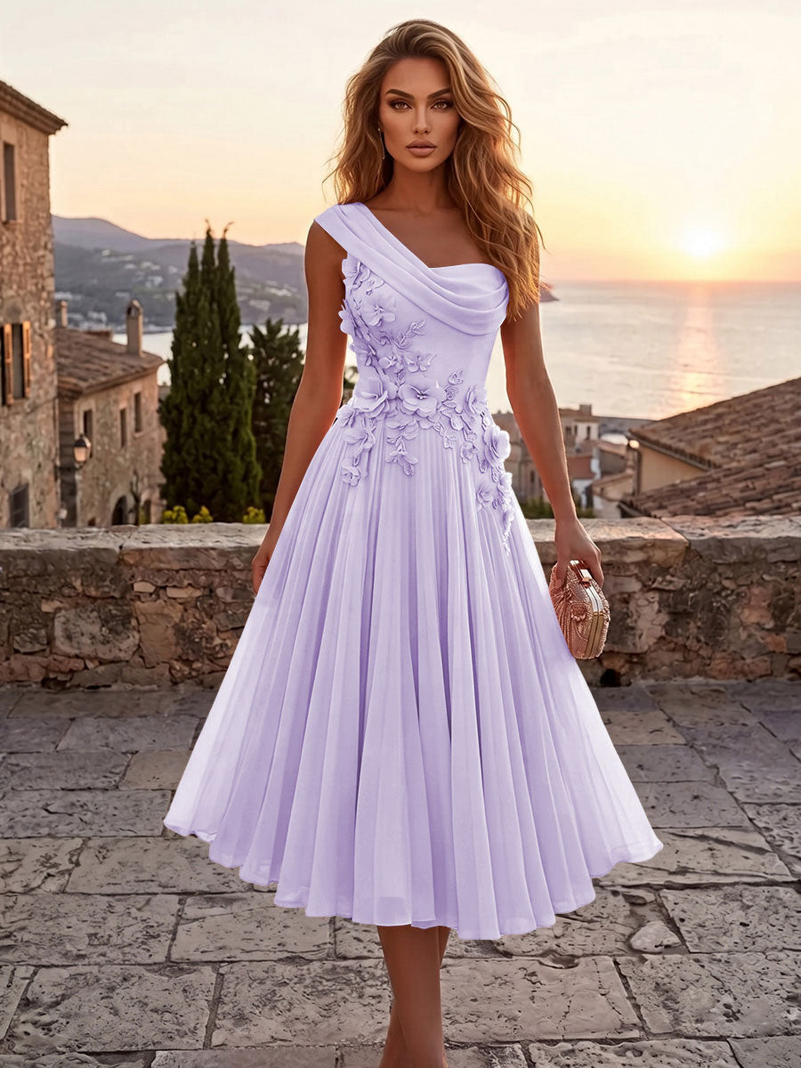 Chiffon A-Line/Princess One Shoulder Tea-Length Cocktail Dresses with 3D Flowers & Pleats