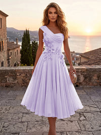 Chiffon A-Line/Princess One Shoulder Tea-Length Cocktail Dresses with 3D Flowers & Pleats