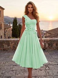 Chiffon A-Line/Princess One Shoulder Tea-Length Cocktail Dresses with 3D Flowers & Pleats