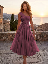 Chiffon A-Line/Princess One Shoulder Tea-Length Cocktail Dresses with 3D Flowers & Pleats