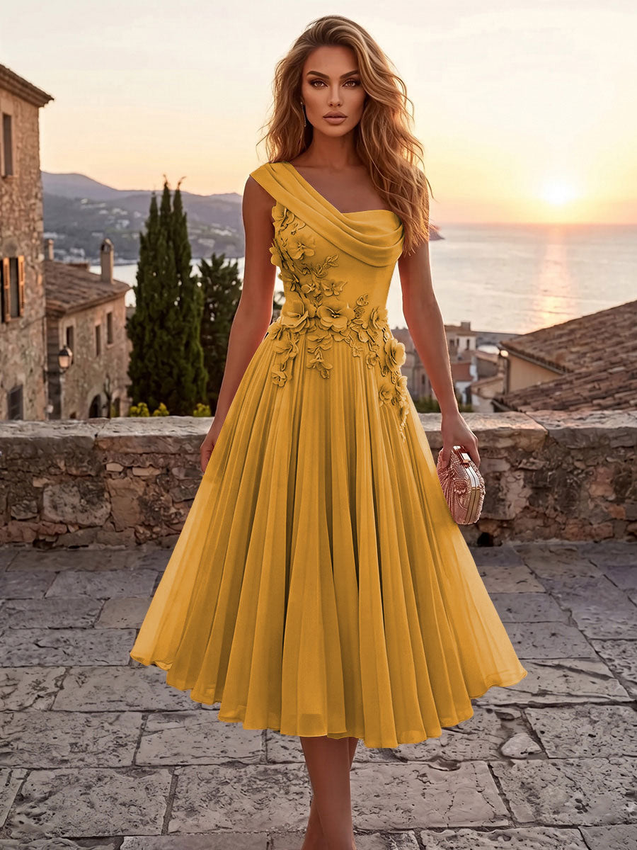 Chiffon A-Line/Princess One Shoulder Tea-Length Cocktail Dresses with 3D Flowers & Pleats