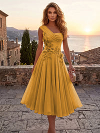 Chiffon A-Line/Princess One Shoulder Tea-Length Cocktail Dresses with 3D Flowers & Pleats