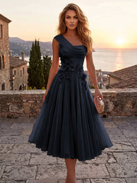 Chiffon A-Line/Princess One Shoulder Tea-Length Cocktail Dresses with 3D Flowers & Pleats