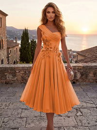 Chiffon A-Line/Princess One Shoulder Tea-Length Cocktail Dresses with 3D Flowers & Pleats