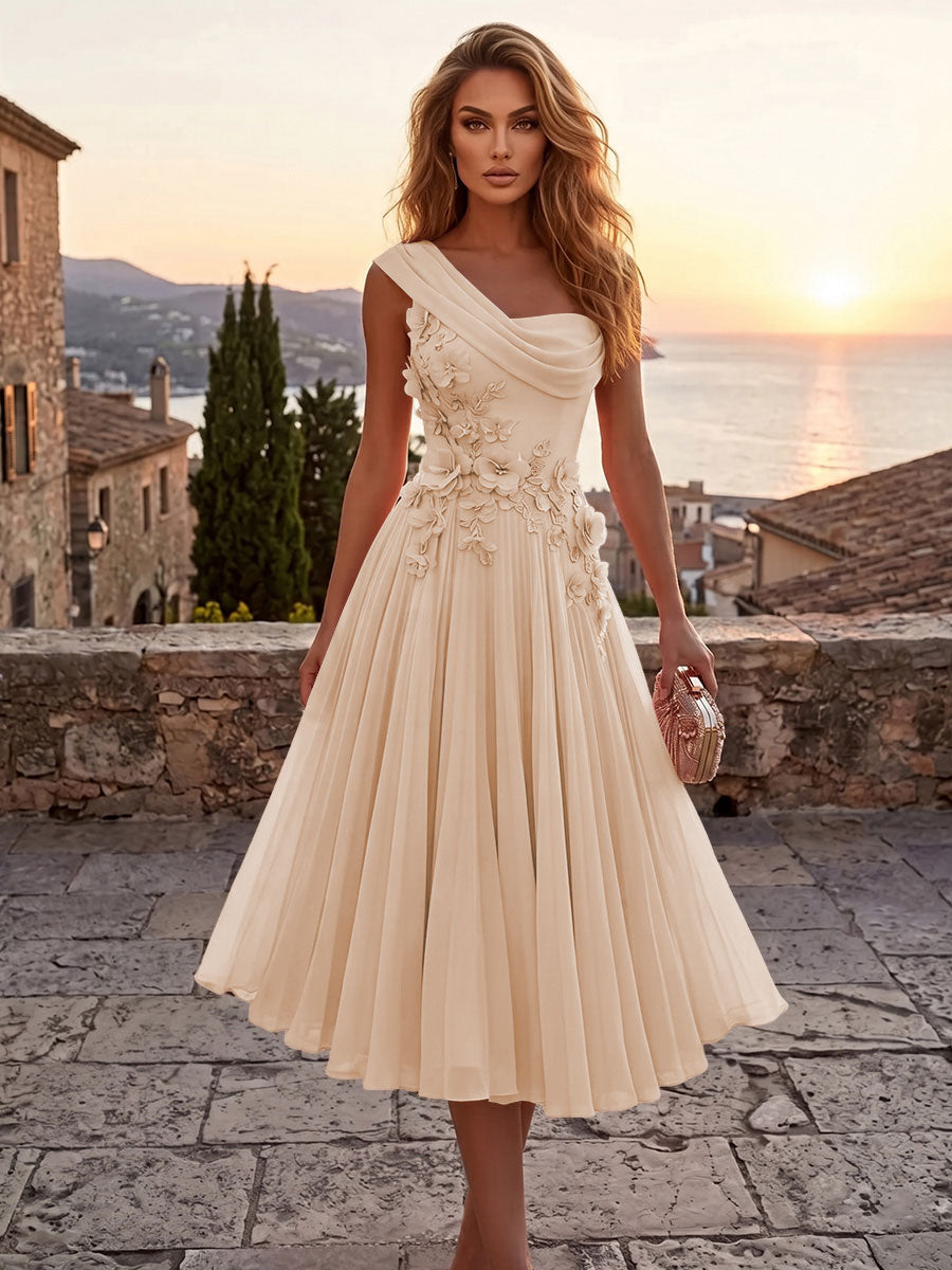 Chiffon A-Line/Princess One Shoulder Tea-Length Cocktail Dresses with 3D Flowers & Pleats