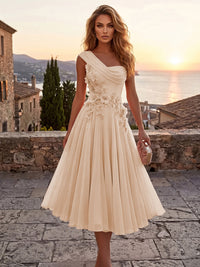 Chiffon A-Line/Princess One Shoulder Tea-Length Cocktail Dresses with 3D Flowers & Pleats