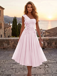 Chiffon A-Line/Princess One Shoulder Tea-Length Cocktail Dresses with 3D Flowers & Pleats
