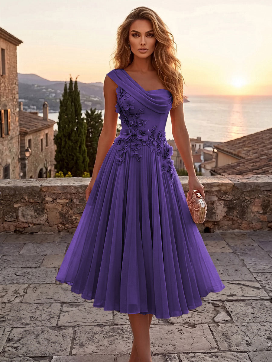 Chiffon A-Line/Princess One Shoulder Tea-Length Cocktail Dresses with 3D Flowers & Pleats