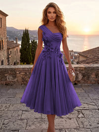 Chiffon A-Line/Princess One Shoulder Tea-Length Cocktail Dresses with 3D Flowers & Pleats