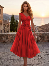Chiffon A-Line/Princess One Shoulder Tea-Length Cocktail Dresses with 3D Flowers & Pleats