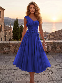 Chiffon A-Line/Princess One Shoulder Tea-Length Cocktail Dresses with 3D Flowers & Pleats