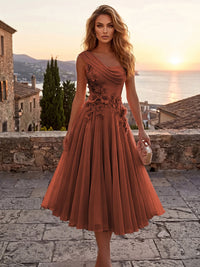 Chiffon A-Line/Princess One Shoulder Tea-Length Cocktail Dresses with 3D Flowers & Pleats