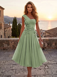 Chiffon A-Line/Princess One Shoulder Tea-Length Cocktail Dresses with 3D Flowers & Pleats