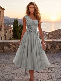 Chiffon A-Line/Princess One Shoulder Tea-Length Cocktail Dresses with 3D Flowers & Pleats