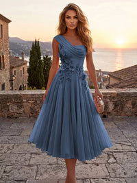 Chiffon A-Line/Princess One Shoulder Tea-Length Cocktail Dresses with 3D Flowers & Pleats