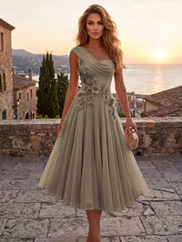 Chiffon A-Line/Princess One Shoulder Tea-Length Cocktail Dresses with 3D Flowers & Pleats