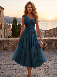 Chiffon A-Line/Princess One Shoulder Tea-Length Cocktail Dresses with 3D Flowers & Pleats