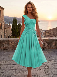 Chiffon A-Line/Princess One Shoulder Tea-Length Cocktail Dresses with 3D Flowers & Pleats