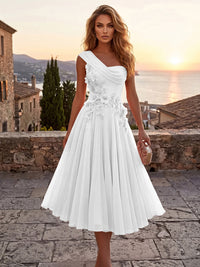 Chiffon A-Line/Princess One Shoulder Tea-Length Cocktail Dresses with 3D Flowers & Pleats