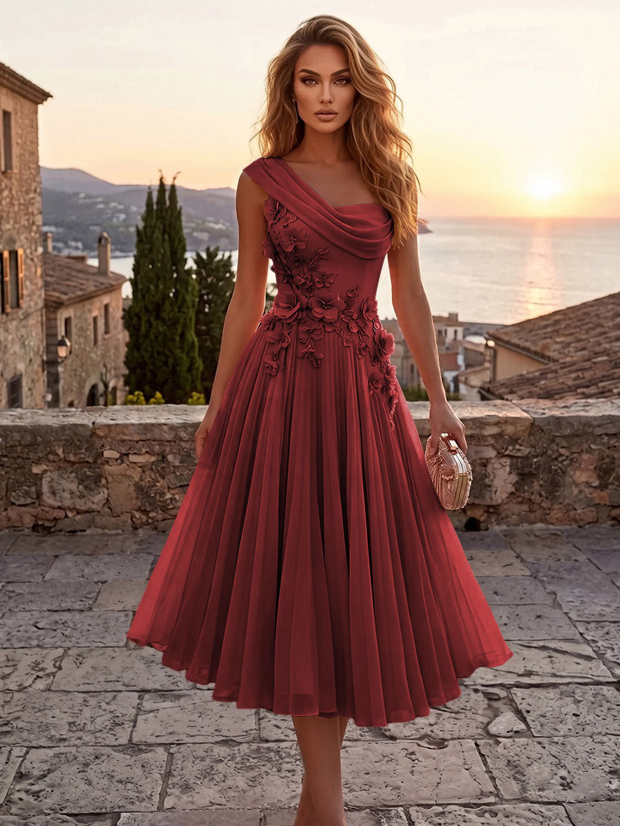 Chiffon A-Line/Princess One Shoulder Tea-Length Cocktail Dresses with 3D Flowers & Pleats