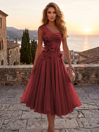 Chiffon A-Line/Princess One Shoulder Tea-Length Cocktail Dresses with 3D Flowers & Pleats