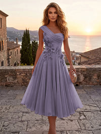 Chiffon A-Line/Princess One Shoulder Tea-Length Cocktail Dresses with 3D Flowers & Pleats