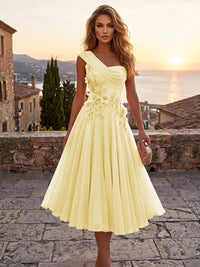 Chiffon A-Line/Princess One Shoulder Tea-Length Cocktail Dresses with 3D Flowers & Pleats
