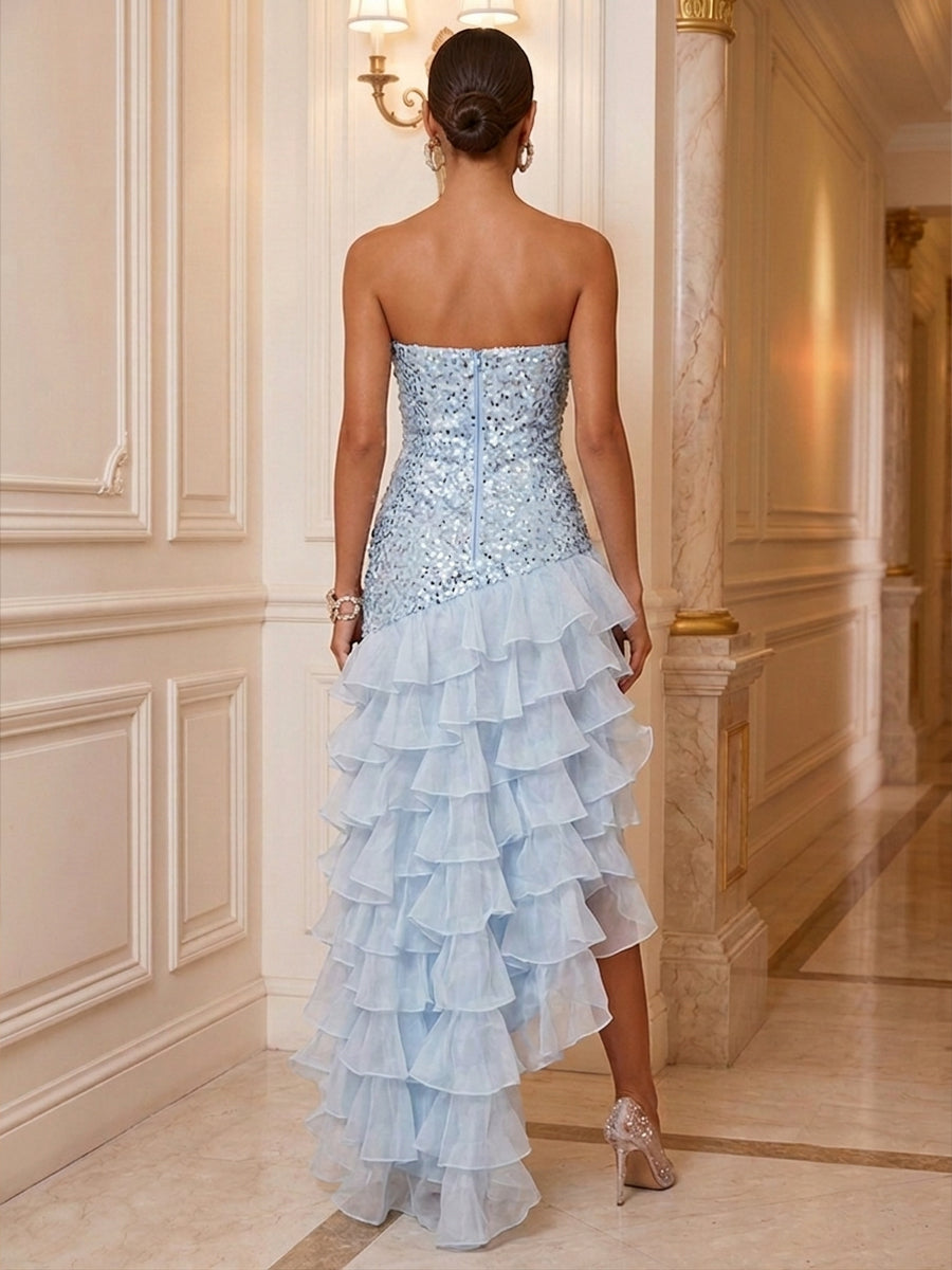 A-Line/Princess Strapless Sequin High-Low Cocktail Dresses with Tiered Layers & Ruffles